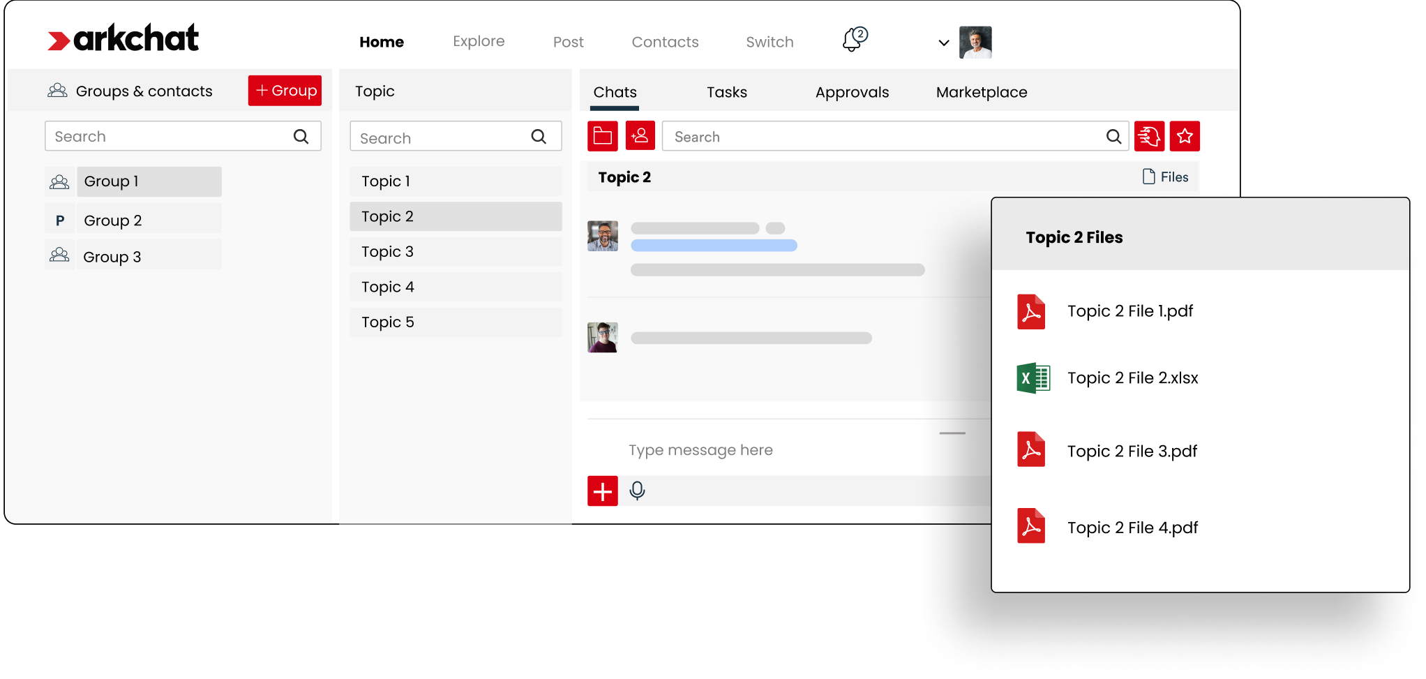 Arkchat messaging app: Professional firms can organise messages and files topic wise in groups. Web screen