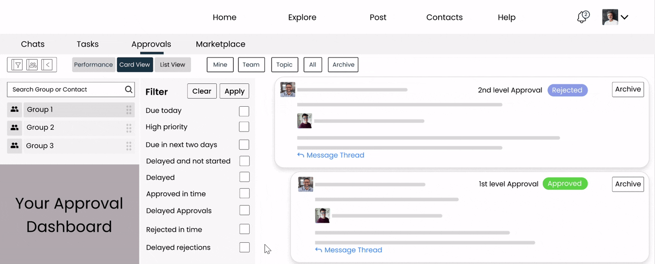 One click → full chain of command. Approvals made easy.